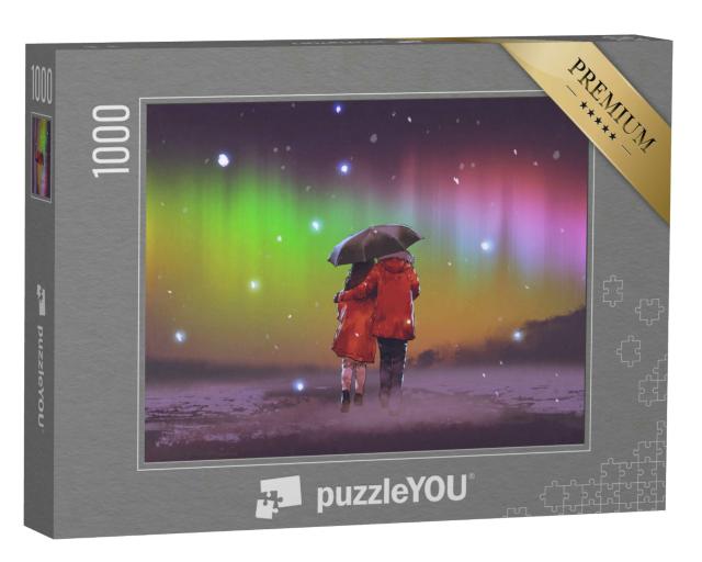 Puzzle 1000 Teile „Digitale Kunst: Paar unter einem Regenschirm beim Spaziergang unter Nordlichtern“