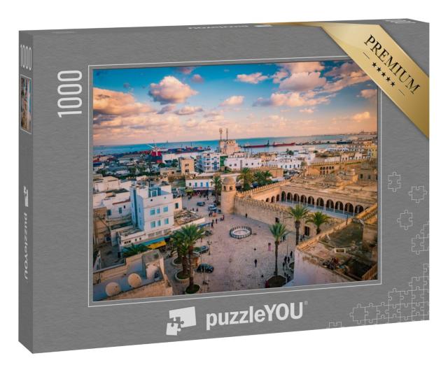 Puzzle 1000 Teile „Sonnenuntergang über Sousse, Stadtbild mit Moschee und Hafen, Tunesien“