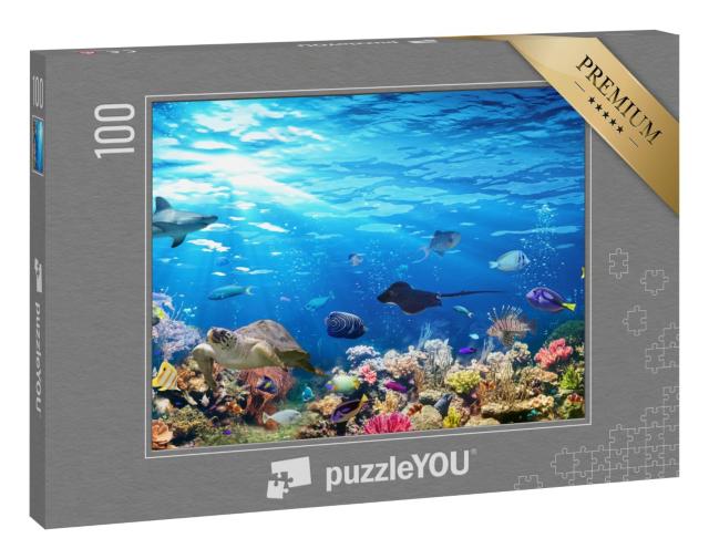 Puzzle 100 Teile „Unterwasser-Szene mit Korallenriff, Fischen, Haien, Schildkröte und Manta“