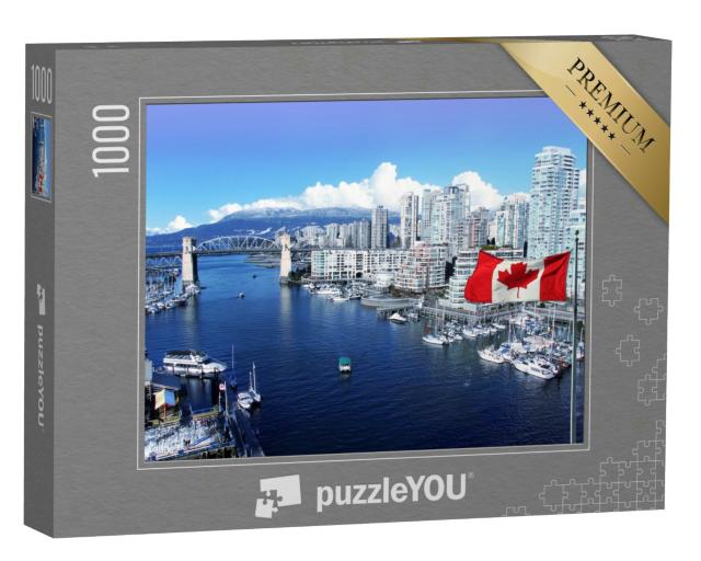 Puzzle 1000 Teile „Kanadische Flagge, False Creek und die Burrard Street Bridge in Vancouver“