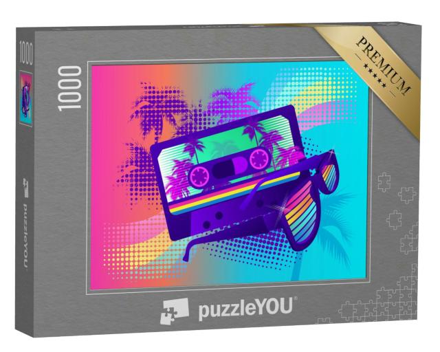 Puzzle 1000 Teile „Retro: Sci-Fi-Hintergrund im Stil der 1980er Jahre, Palmen, Sonnenbrille, Kassette“