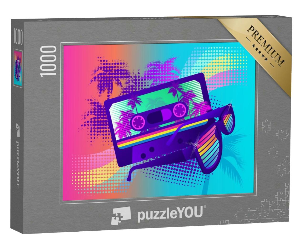 Puzzle 1000 Teile „Retro: Sci-Fi-Hintergrund im Stil der 1980er Jahre, Palmen, Sonnenbrille, Kassette“