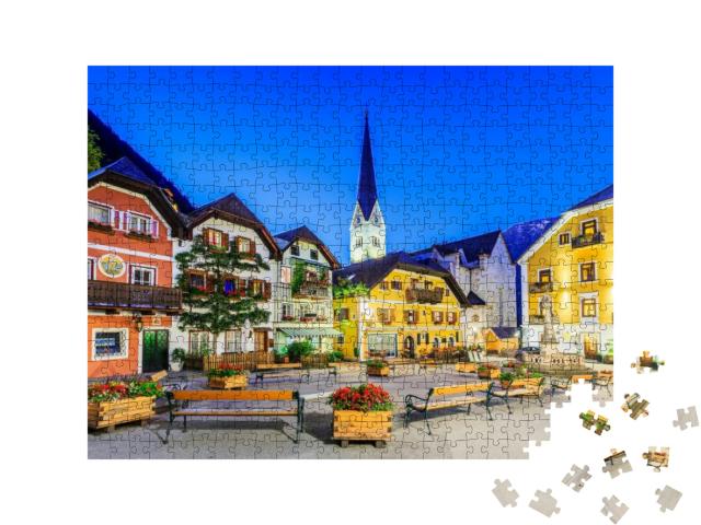 Puzzle 500 Teile „Hallstatt, Österreich. Bergdorf in den österreichischen Alpen bei Dämmerung“