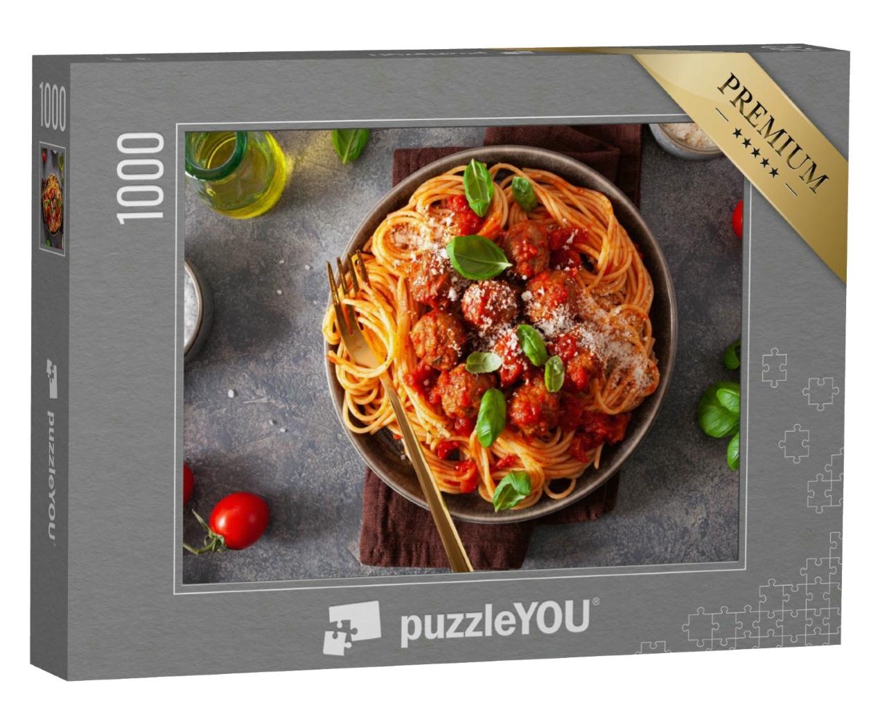Puzzle 1000 Teile „Italienische Küche: Spaghetti mit Fleischbällchen und Tomatensauce“