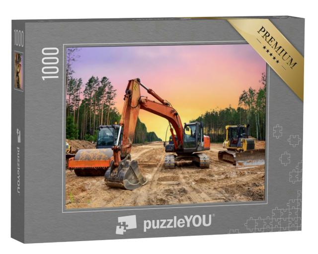 Puzzle 1000 Teile „Bulldozer, Bagger und Bodenverdichter bei Straßenbauarbeiten“