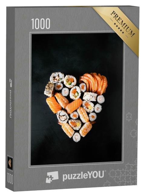 Puzzle 1000 Teile „Sushi-Rollen serviert in Herzform vor einem dunklen Hintergrund, romantisches Essen“
