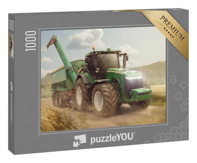 Puzzle 1000 Teile „Traktor mit Anhänger auf einem Feldweg neben einem Getreidefeld“