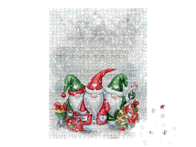 Puzzle 1000 Teile „Cartoons mit Weihnachtswichteln, Grußkarte für Weihnachten“