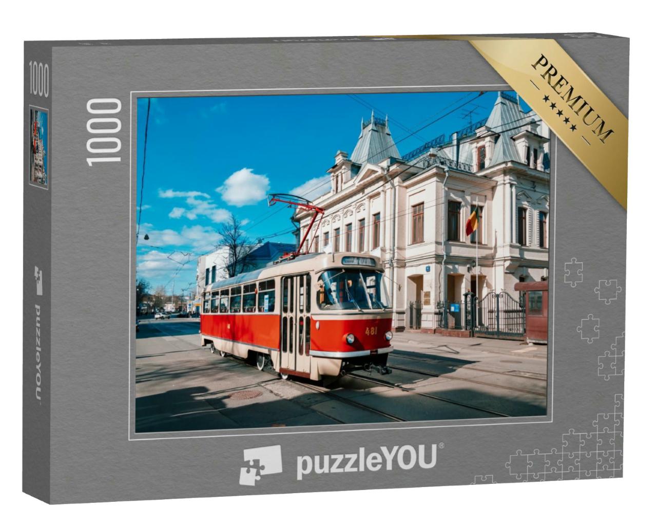 Puzzle 1000 Teile „Moskau: Oldtimer-Straßenbahn auf der Straße im historischen Stadtzentrum“