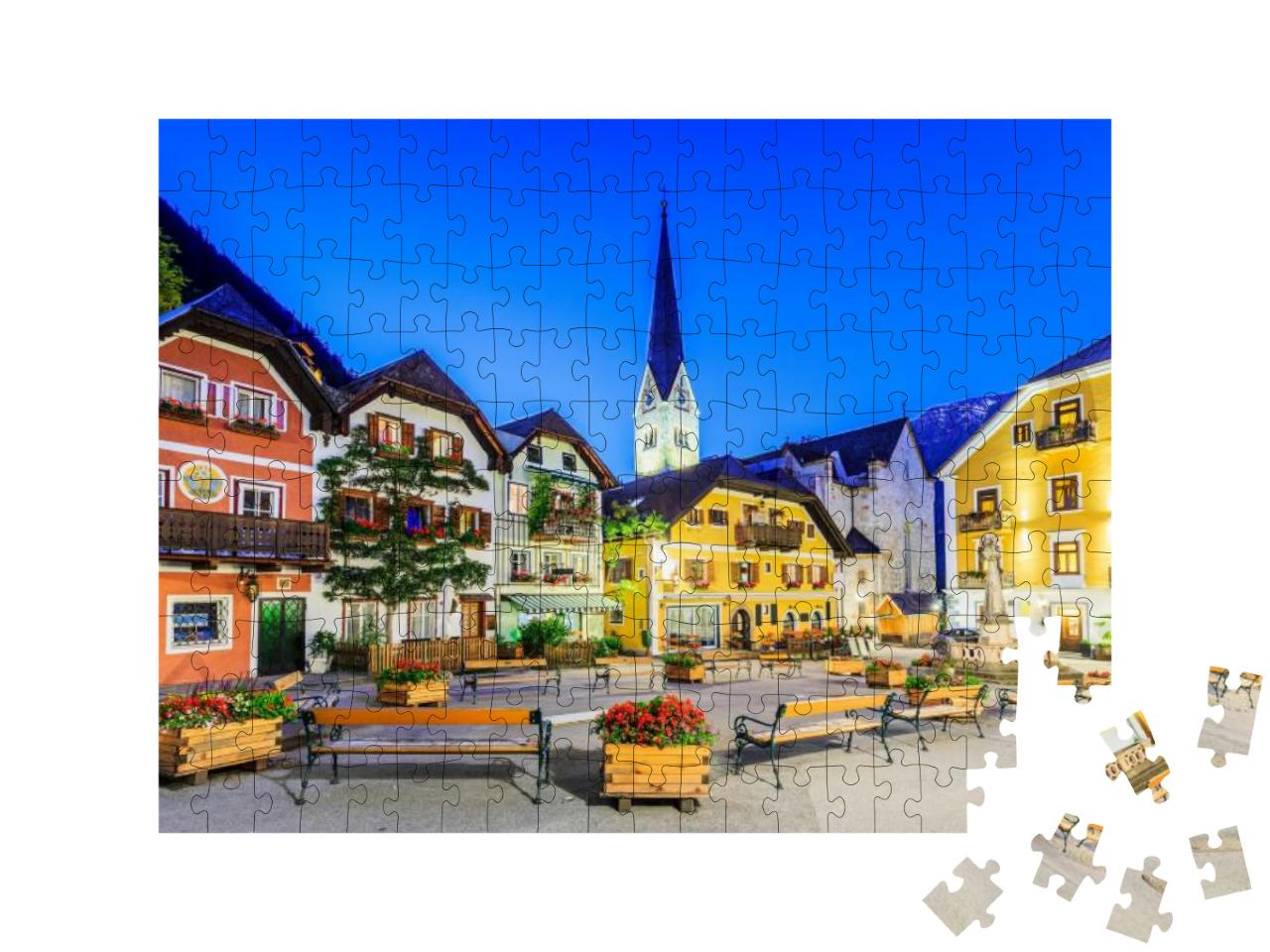 Puzzle 200 Teile „Hallstatt, Österreich. Bergdorf in den österreichischen Alpen bei Dämmerung“