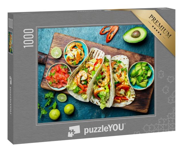 Puzzle 1000 Teile „Mexikanische Küche: Shrimps-Tacos mit Salsa, Gemüse und Avocado“