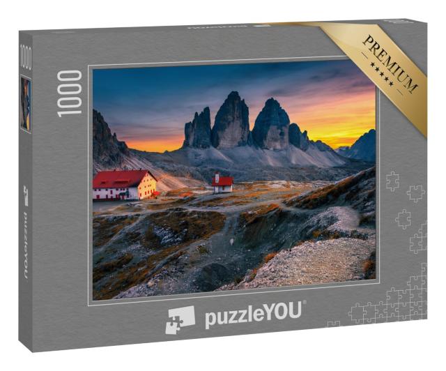 Puzzle 1000 Teile „Drei Zinnen mit Rifugio Locatelli-Hütte , Dolomiten, Italien“