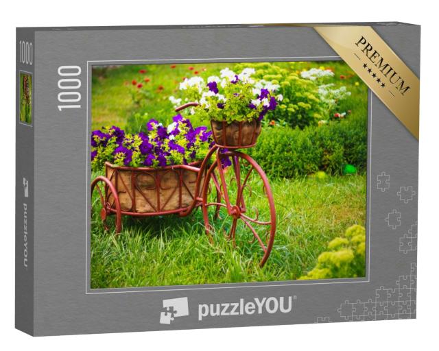 Puzzle 1000 Teile „Kreative Gartendekoration: Altes Fahrrad mit Blumenkorb“