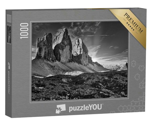 Puzzle 1000 Teile „Drei Zinnen, Sextener Dolomiten, schwarz-weiß“
