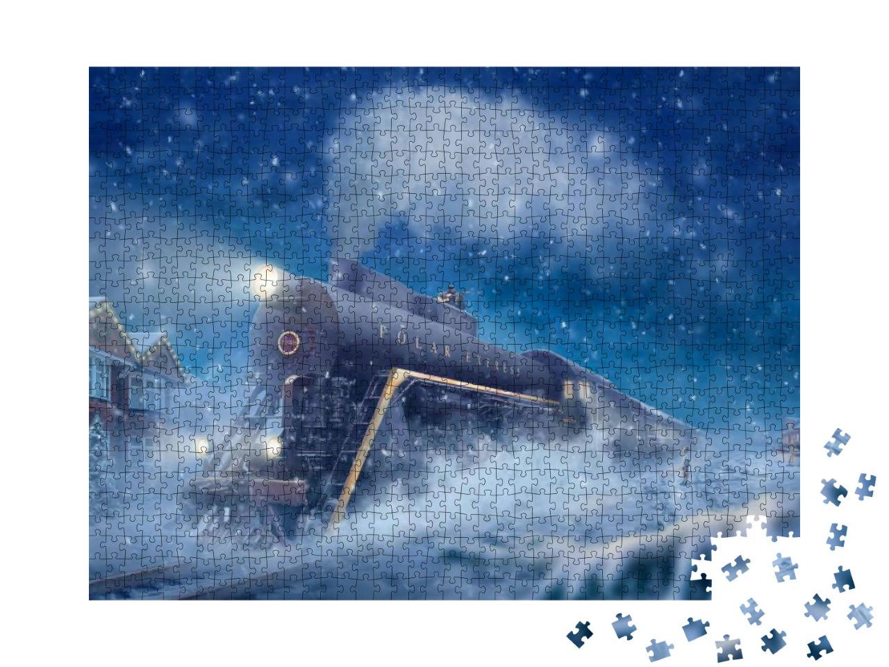 Puzzle 1000 Teile „Polarexpress in einer verschneiten Landschaft, kleiner Junge, Mann auf dem Zug“