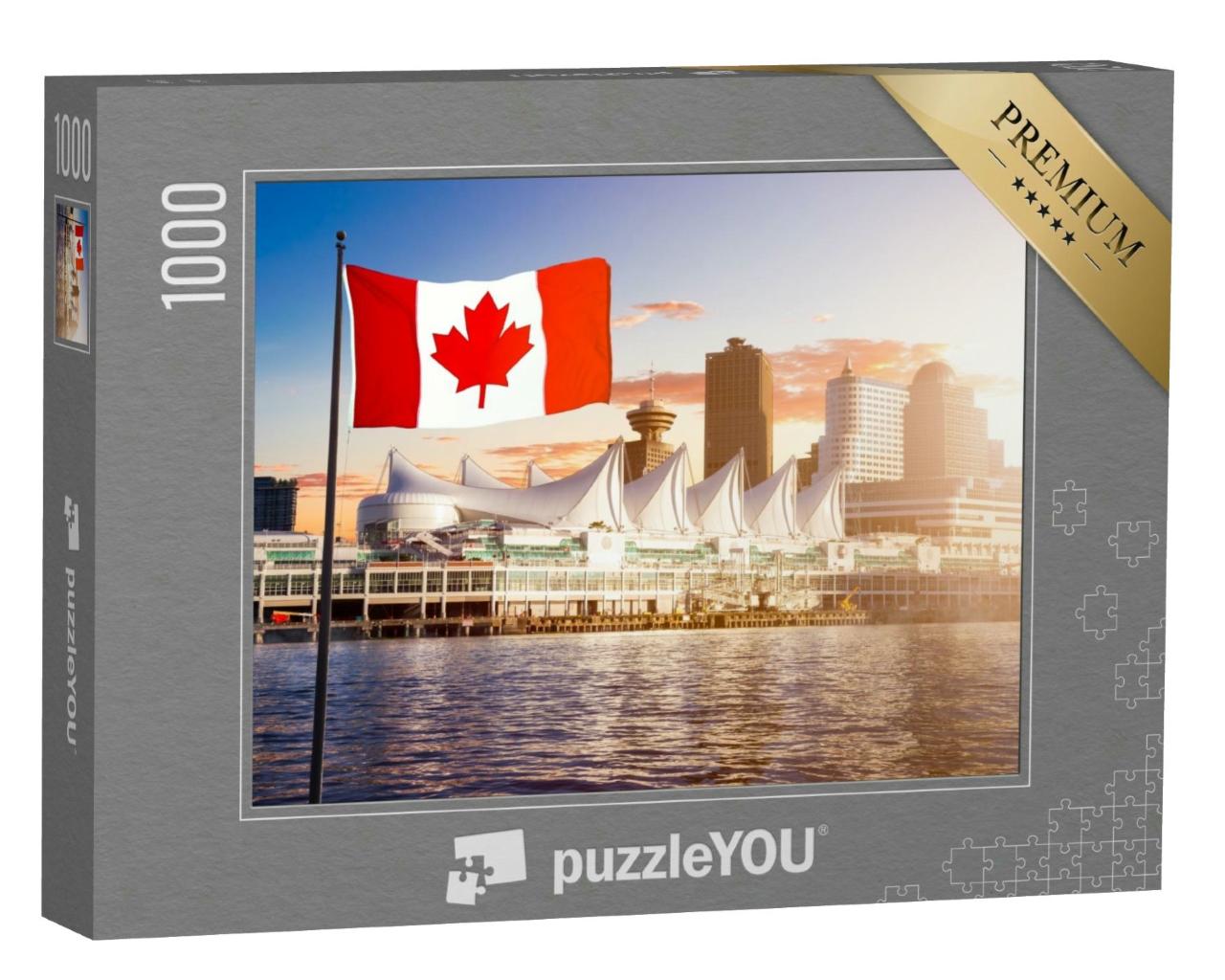 Puzzle 1000 Teile „Vancouver vom Wasser aus gesehen bei Sonnenuntergang, kanadische Nationalflagge“