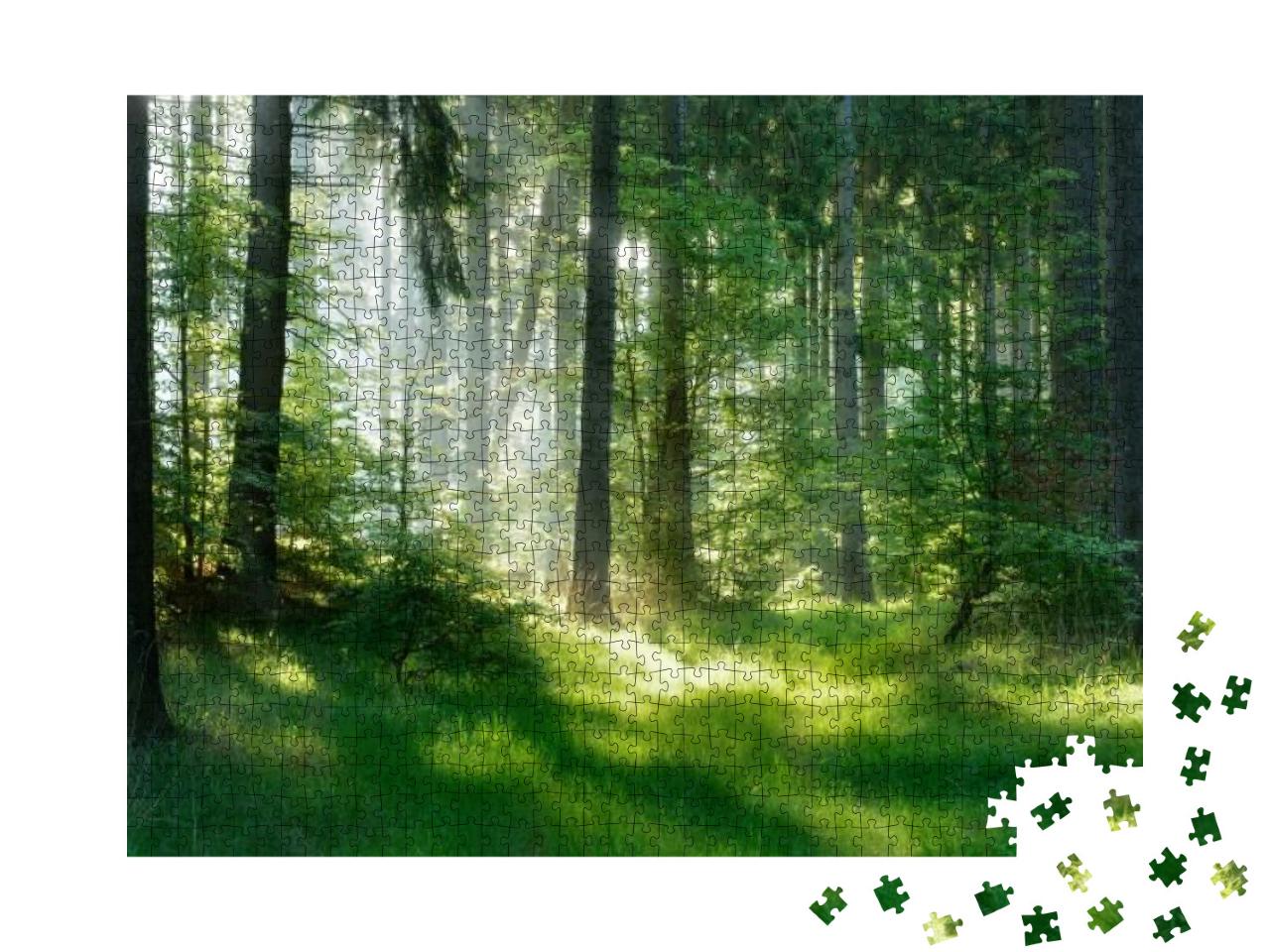 Puzzle 1000 Teile „Natürlicher Fichtenwald, Sonnenstrahlen durch Nebel schaffen mystische Atmosphäre“