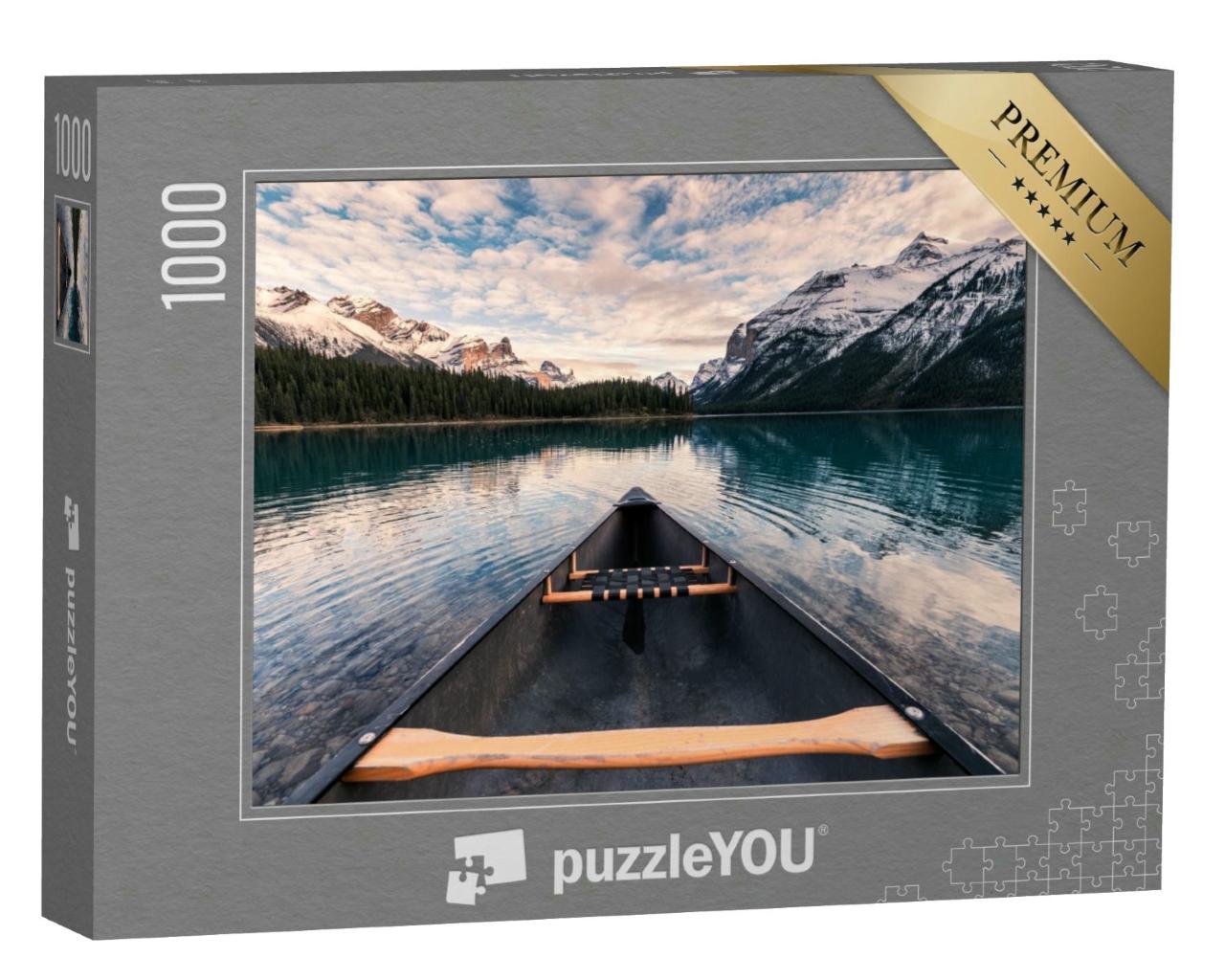 Puzzle 1000 Teile „Kanufahren in den kanadischen Rocky Mountains in Spirit Island auf dem Maligne Lake“
