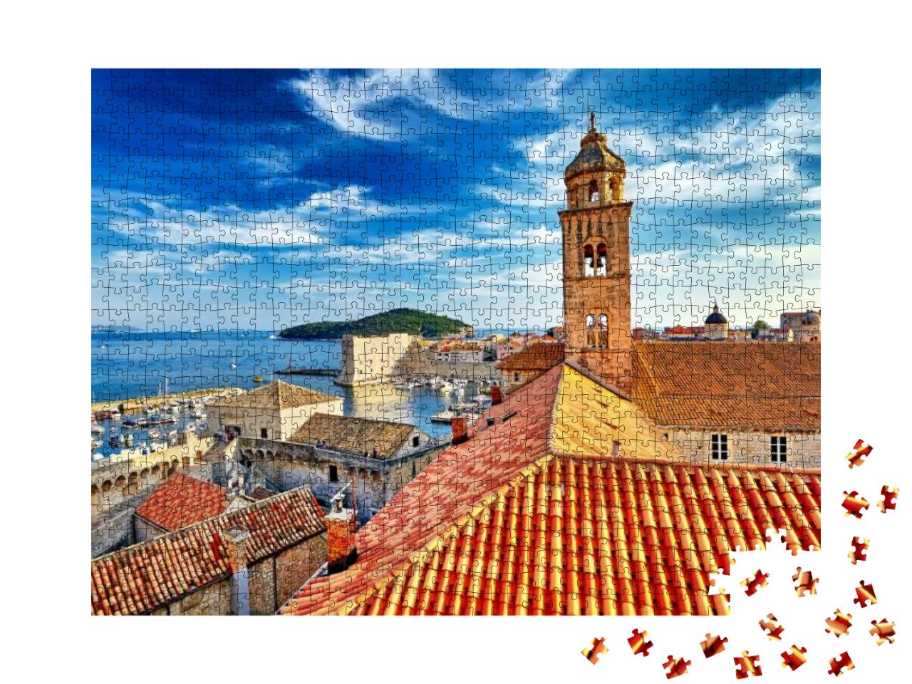 Puzzle 1000 Teile „Blick über Dächer: Altstadt von Dubrovnik bei Sonnenuntergang, Kroatien“