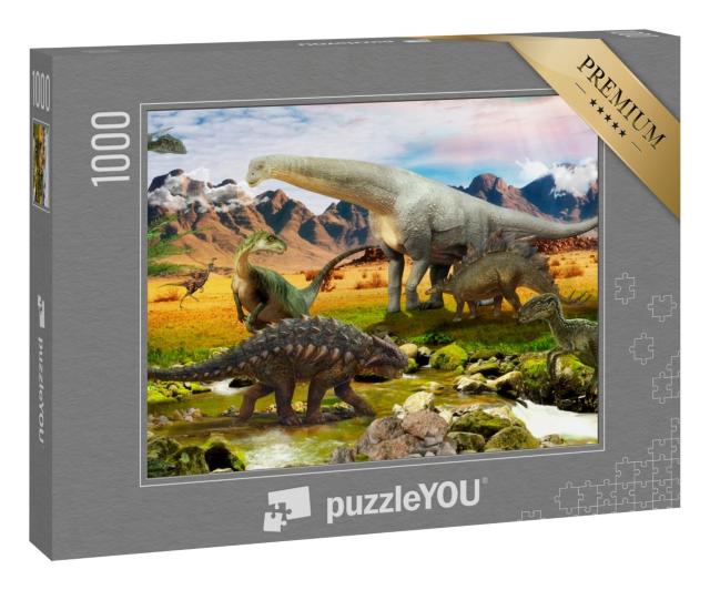 Puzzle 1000 Teile „Illustration: Dinosaurier, Park am See“