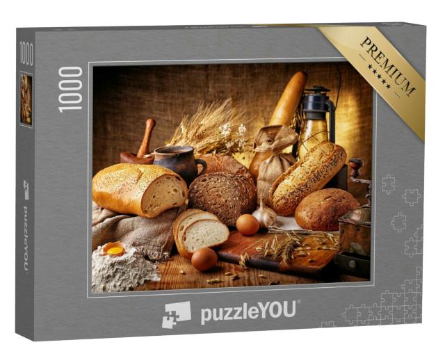Puzzle 1000 Teile „Landstillleben mit Brot, Eiern, Knoblauch und Kaffeemühle“