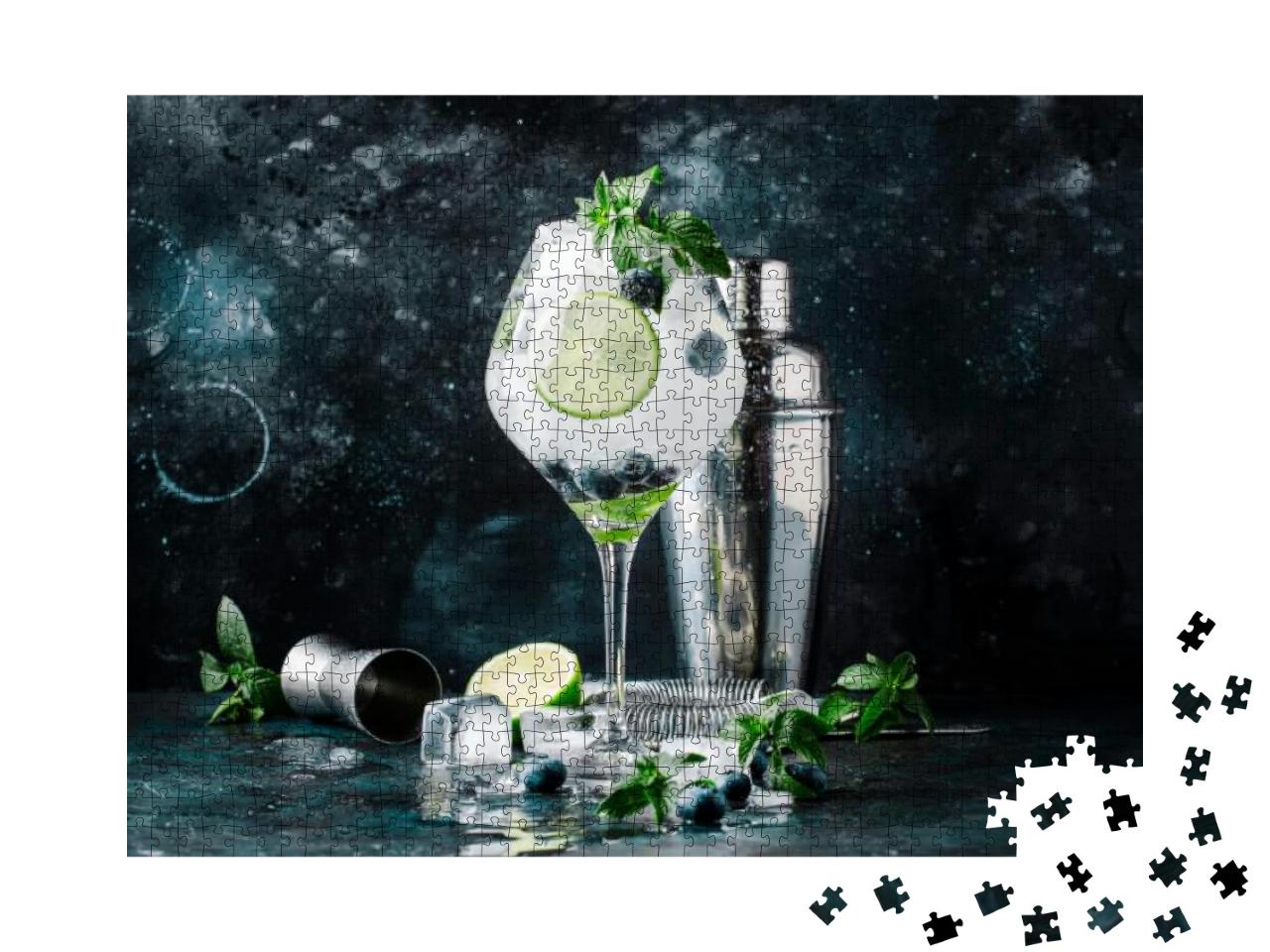 Puzzle 1000 Teile „Sommer: Cocktail mit Heidelbeeren, Mojito mit Rum, Minze, Limette und Eis“