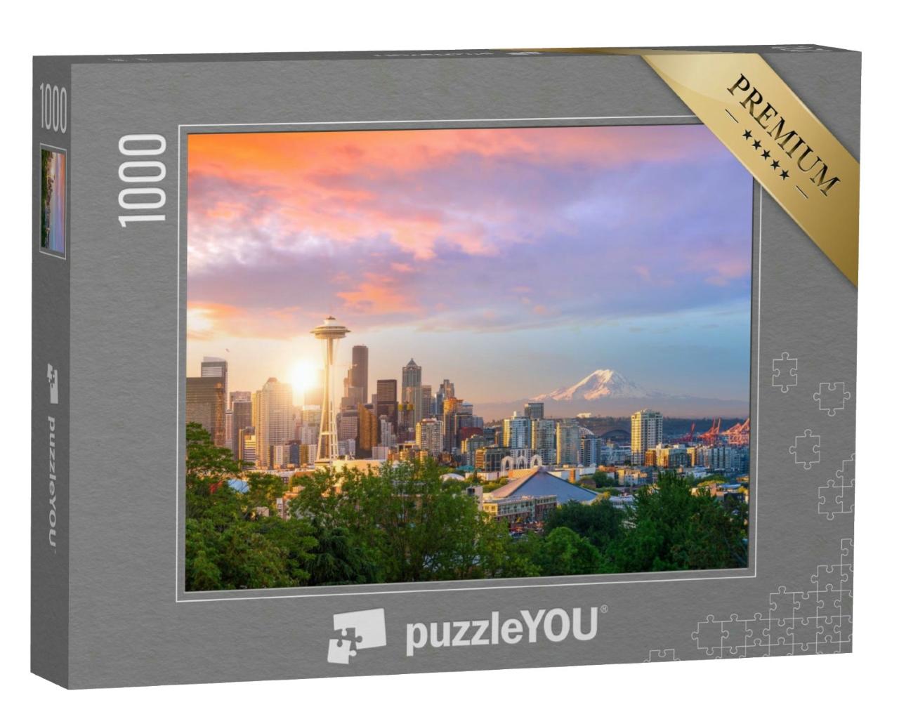 Puzzle 1000 Teile „Skyline von Seattle im Sonnenuntergang, Washington, USA“