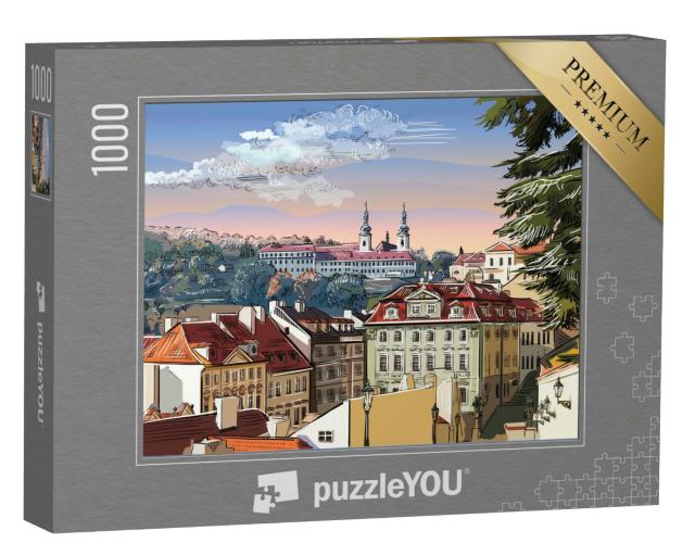 Puzzle 1000 Teile „Panorama-Stadtbild von Prag mit Vektor-Handzeichnung, Tschechische Republik“