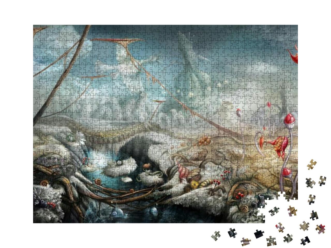 Puzzle 1000 Teile „Digitale Kunst: Fantasievolle Landschaft mit See und Blumen“