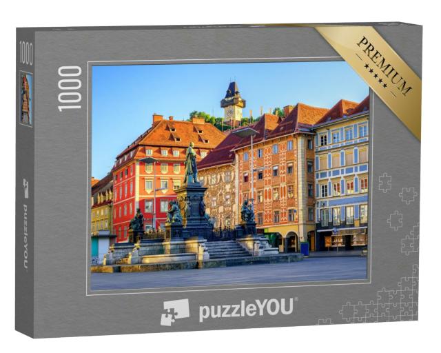 Puzzle 1000 Teile „Bunte Fassaden und Uhrenturm in der Grazer Altstadt, Österreich“