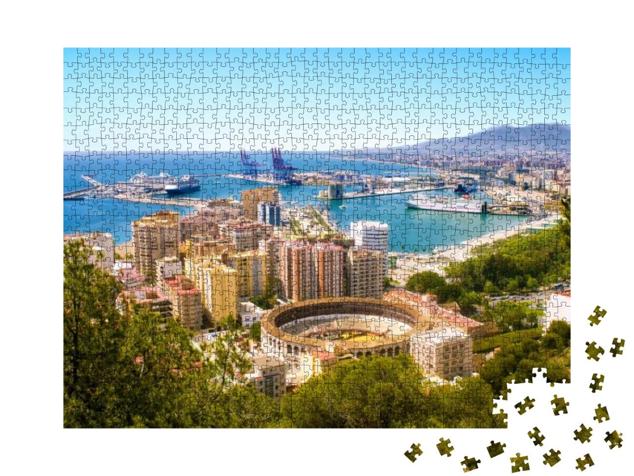 Puzzle 1000 Teile „Málaga mit Stierkampfarena und Hafen. Spanien“