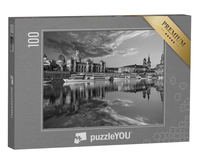 Puzzle 100 Teile „Dresdner Stadtsilhouette an der Elbe und Augustusbrücke“