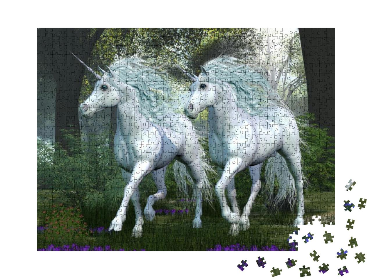 Puzzle 1000 Teile „Zwei weiße Einhörner tänzeln durch einen Ulmenwald voller Frühlingsblumen“