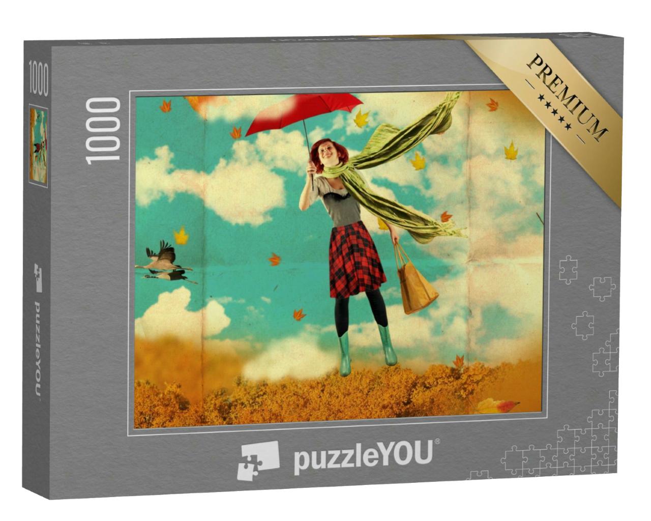 Puzzle 1000 Teile „Retro-Postkarte mit junger Frau, Regenschirm, Gummistiefel, Vintage-Textur“