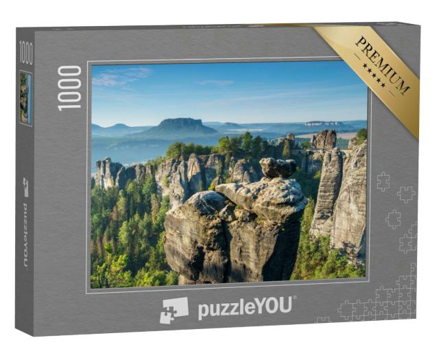 Puzzle 1000 Teile „Basteibrücke und Felsformationen im Elbtal, Nationalpark Sächsische Schweiz“