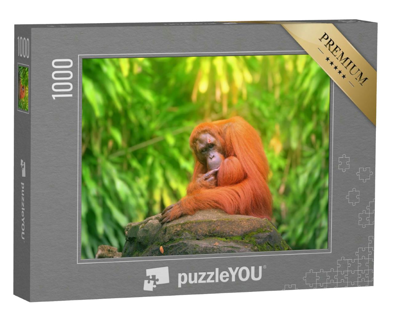 Puzzle 1000 Teile „Erwachsener Orang-Utan sitzend mit Dschungel als Hintergrund“