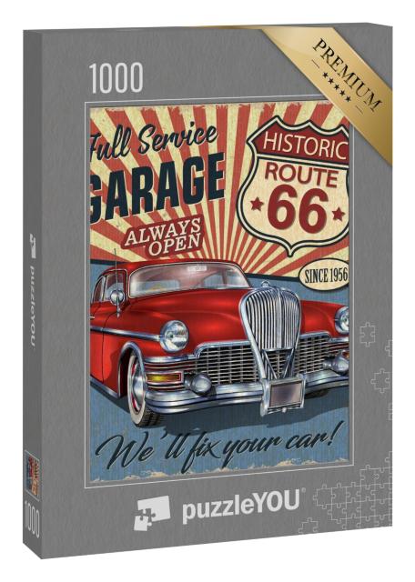 Puzzle 1000 Teile „Vintage-Stil: Route 66, Retro-Poster mit rotem Oldtimer“