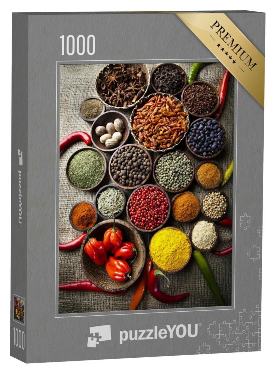 Puzzle 1000 Teile „Stillleben: aromatische Gewürze in Holzschalen“
