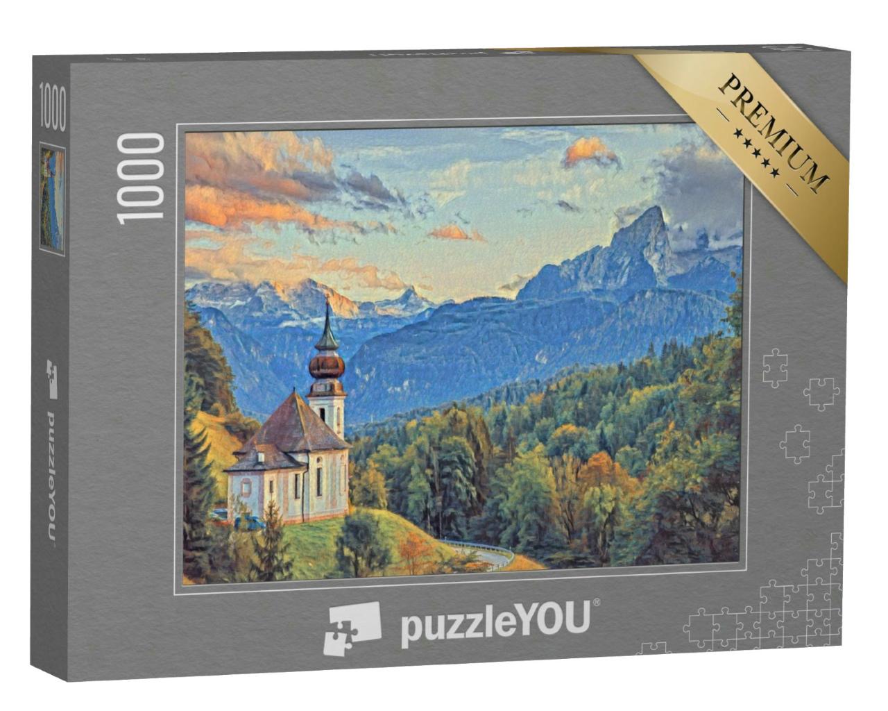 Puzzle 1000 Teile „im Stil von Paul-Cezanne - Watzmann mit Kirche Maria Gern - Puzzle-Kollektion Künstler & Gemälde“