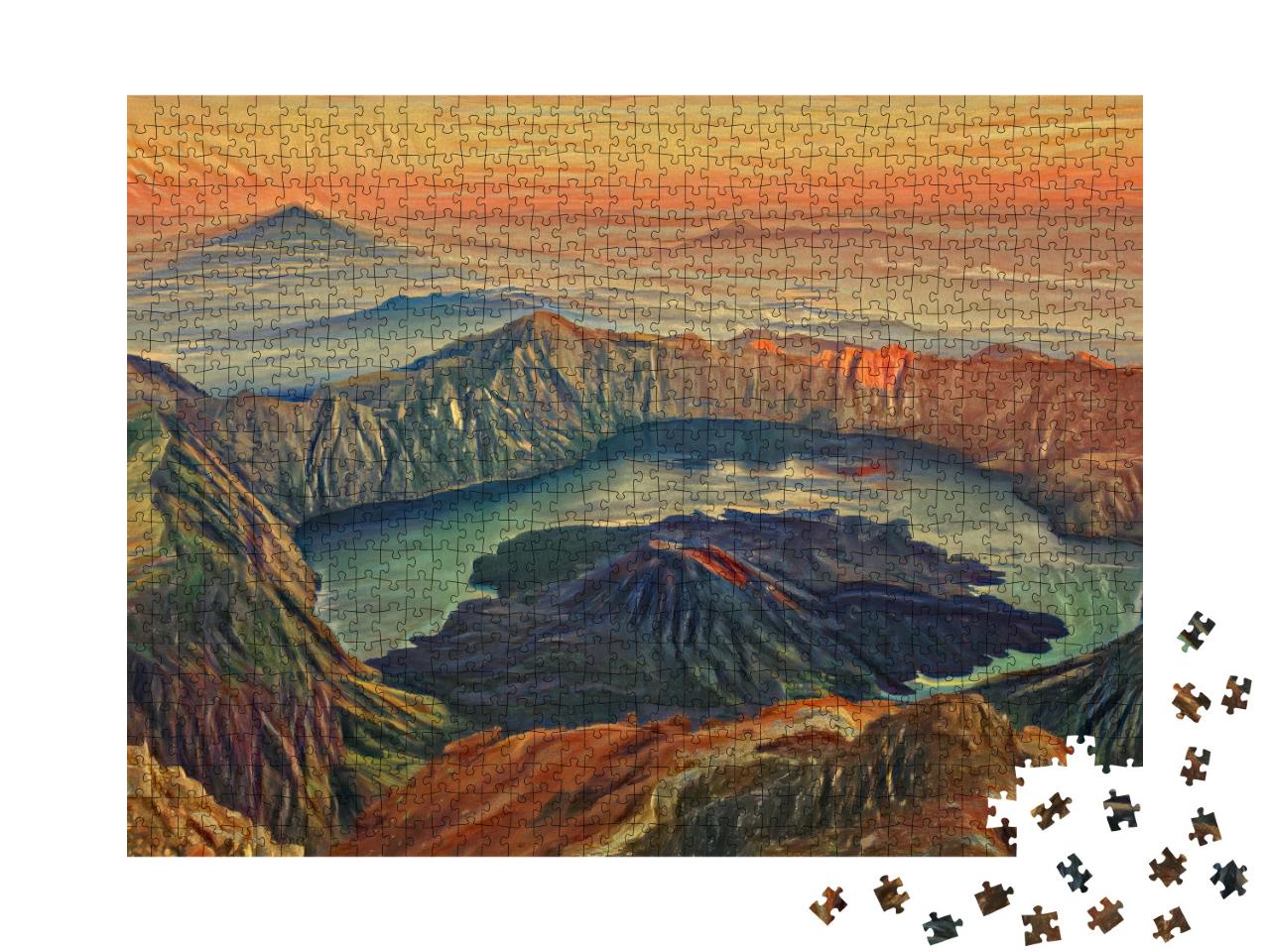 Puzzle 1000 Teile „im Stil von Edvard Munch, Der Schrei - Sonnenaufgang vom Berg Rinjani, Lombok, Indonesien“