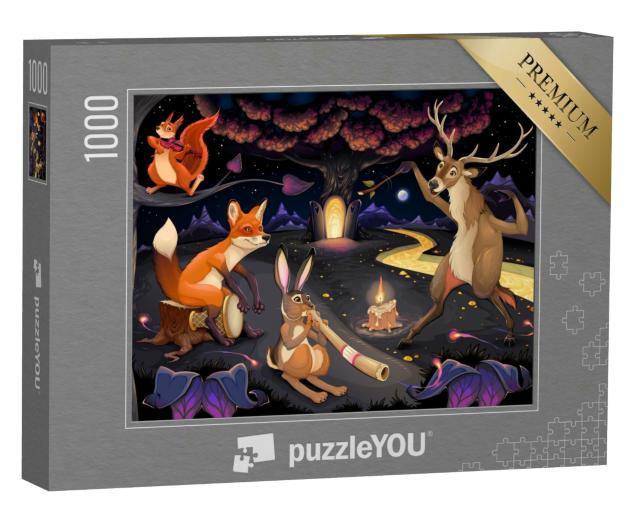 Puzzle 1000 Teile „Fantasy-Illustration: Musizierende Tiere im Wald“