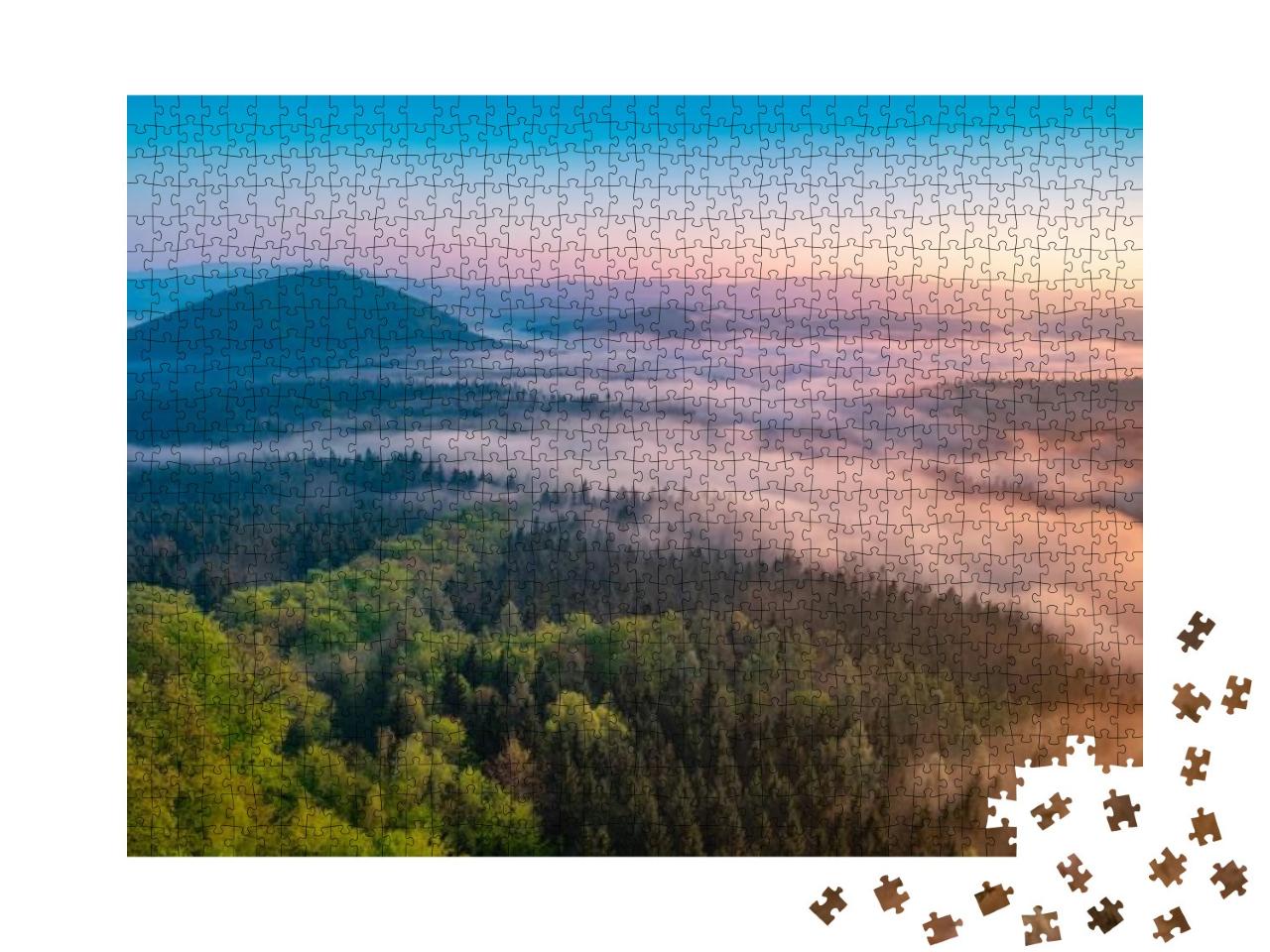 Puzzle 1000 Teile „Nebliger Wald während des Sonnenaufgangs im Herbst, Sächsische Schweiz, Deutschland“