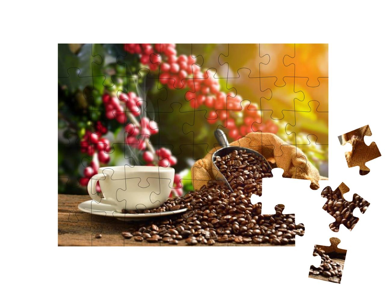 Puzzle 48 Teile „Dampfende Tasse Kaffee mit Kaffeebohnen“