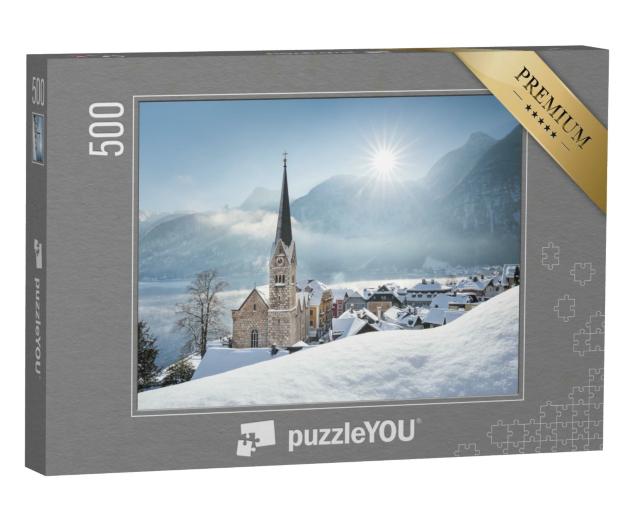 Puzzle 500 Teile „Bezauberndes Bergdorf Hallstatt im Winter, Österreich“