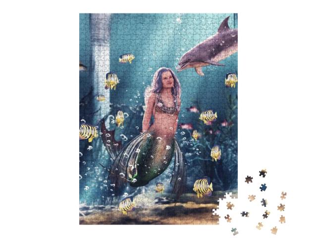 Puzzle 1000 Teile „Digitale Kunst: Meerjungfrau mit ihrem Delfin“