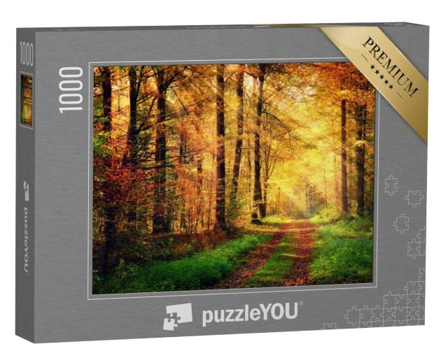 Puzzle 1000 Teile „Herbstliche Waldlandschaft mit warmen Lichtstrahlen und einem Fußweg“