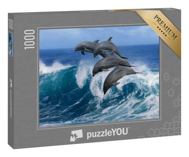Puzzle 1000 Teile „Vier schöne Delphine springen über brechende Wellen, Hawaii“