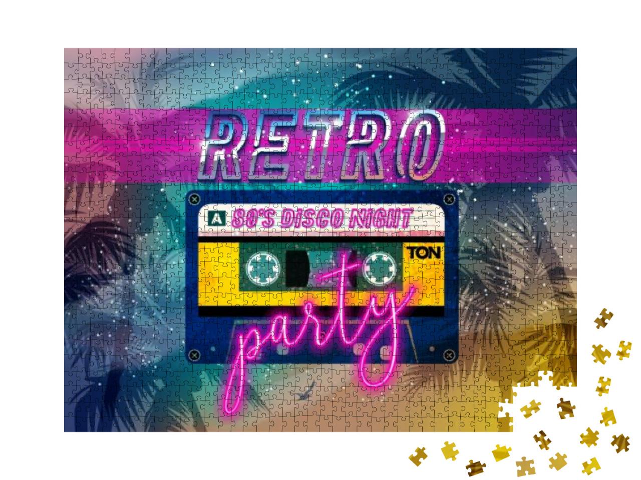 Puzzle 1000 Teile „Retro-Party: 80er-Jahre-Banner, Cover oder Einladungskarte mit Kassettenband“