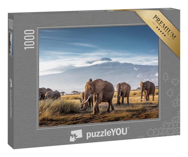 Puzzle 1000 Teile „Herde großer afrikanischer Elefanten spaziert vor dem Kilimandscharo in Kenia“