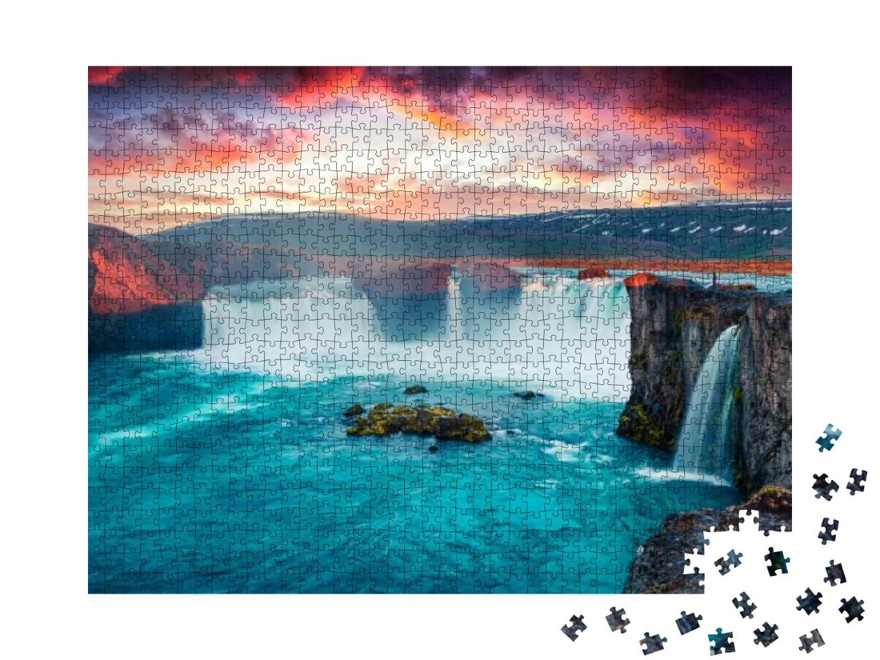 Puzzle 1000 Teile „Unglaubliche Sommermorgenszene am Godafoss-Wasserfall in Island, Europa“
